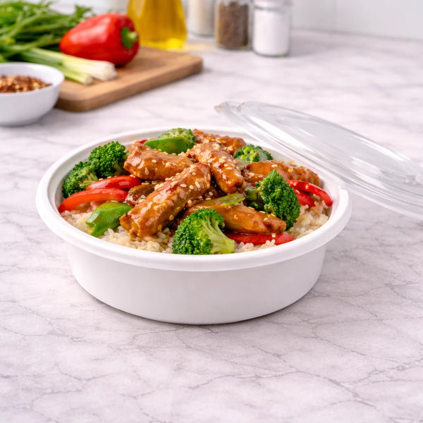 7" Round white PP Cont with Lid 24oz (150 Pcs)