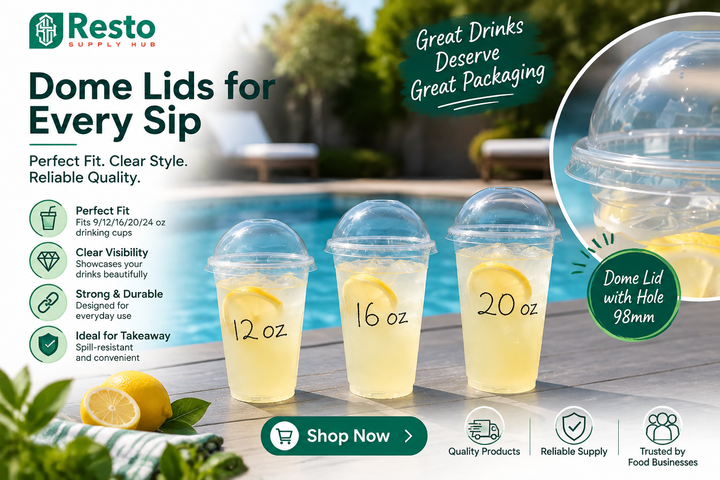Dome lids with hole for 9oz, 12oz, 16oz and 20oz drinking cups, clear plastic cup lids for cold beverages by Resto Supply Hub