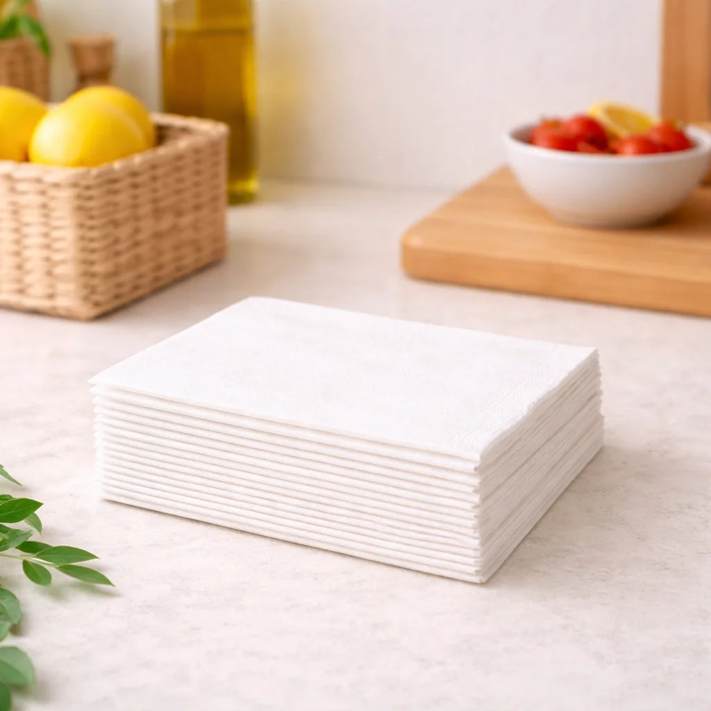 Stack of white 1-ply dinner napkins for restaurant table service and foodservice use