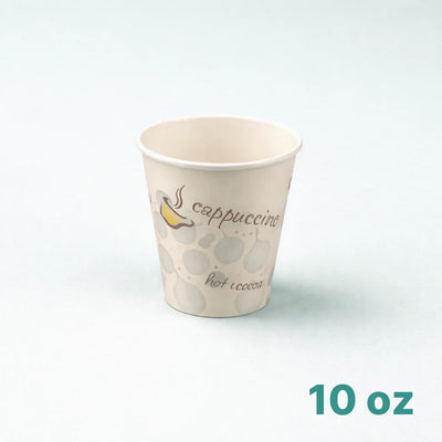 10 oz paper cup with 'cappuccino' text on a white background