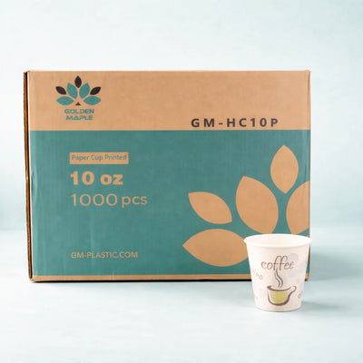Box of Golden Maple paper cups with a sample cup on a light blue background