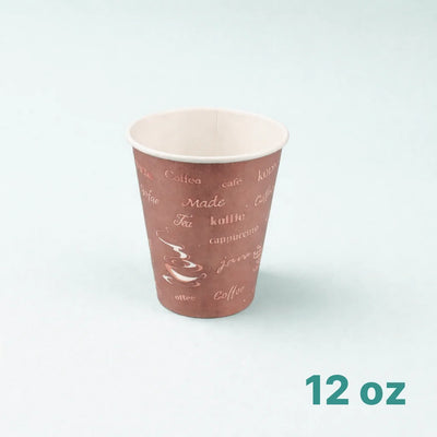 Pink paper cup with coffee-themed text and '12 oz' label on a white background