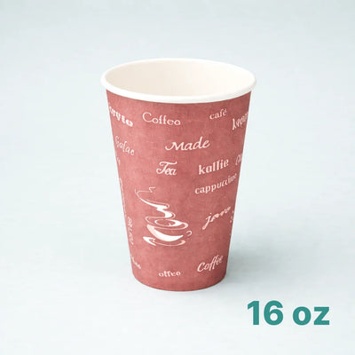 Red paper cup with white text and '16 oz' label on a light gray background