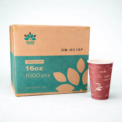 Cardboard box of Golden Maple paper cups with a red cup on a white background