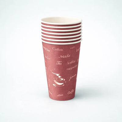 Stack of red paper cups with white text and coffee design on a white background