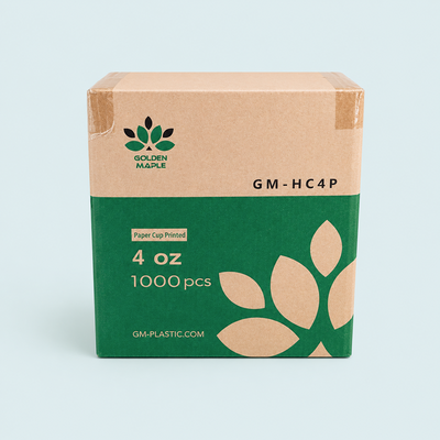 Cardboard box with green label and 'Golden Maple' branding on a light blue background