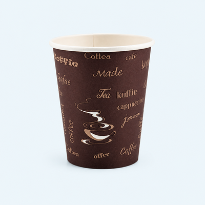 Brown paper cup with coffee-related text on a light gray background