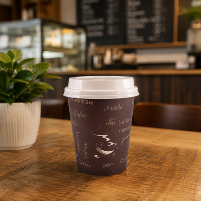Paper cup with coffee text on a wooden table in a cafe setting