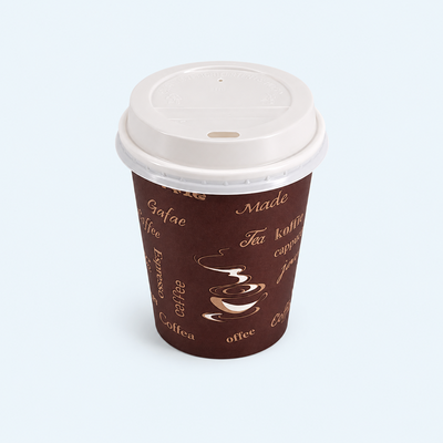 Brown paper coffee cup with white lid on a light gray background