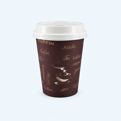 Brown paper cup with white lid featuring coffee-themed text and graphics on a light gray background