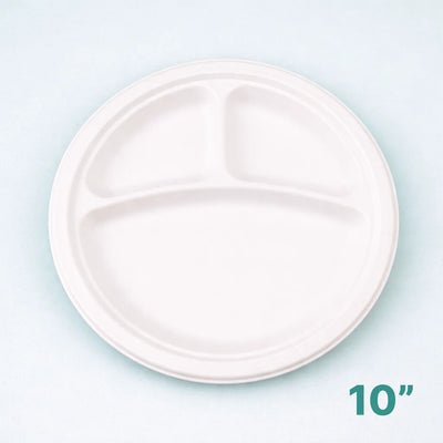 10" Round White Bagasse Plate - 3 comp (500 Pcs)