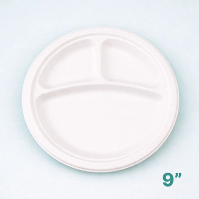 9" Round White Bagasse Plate - 3 comp (500 Pcs)