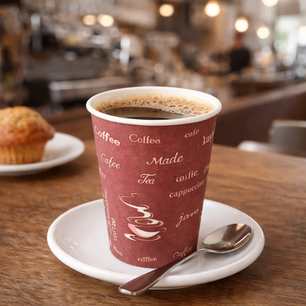 Red paper cup with coffee design on a saucer with a spoon, muffin in the background