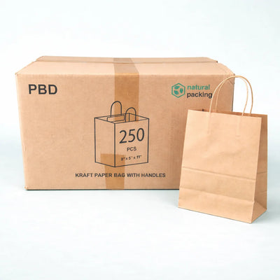 Kraft Paper Bag with Handle - 8" x 5" x 11" (250 Pcs)