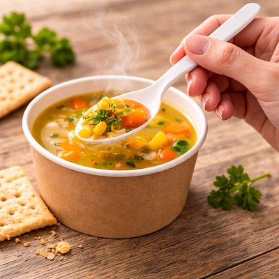 Hand holding a disposable spoonful of soup over a bowl of soup on a wooden table with crackers and parsley.
