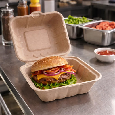 6" x 6" Bagasse Hinged container (200 Pcs)