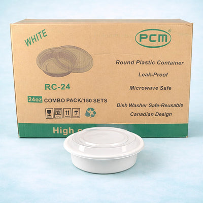 24oz White 7" Round PP Container with Lid (150 Pcs)