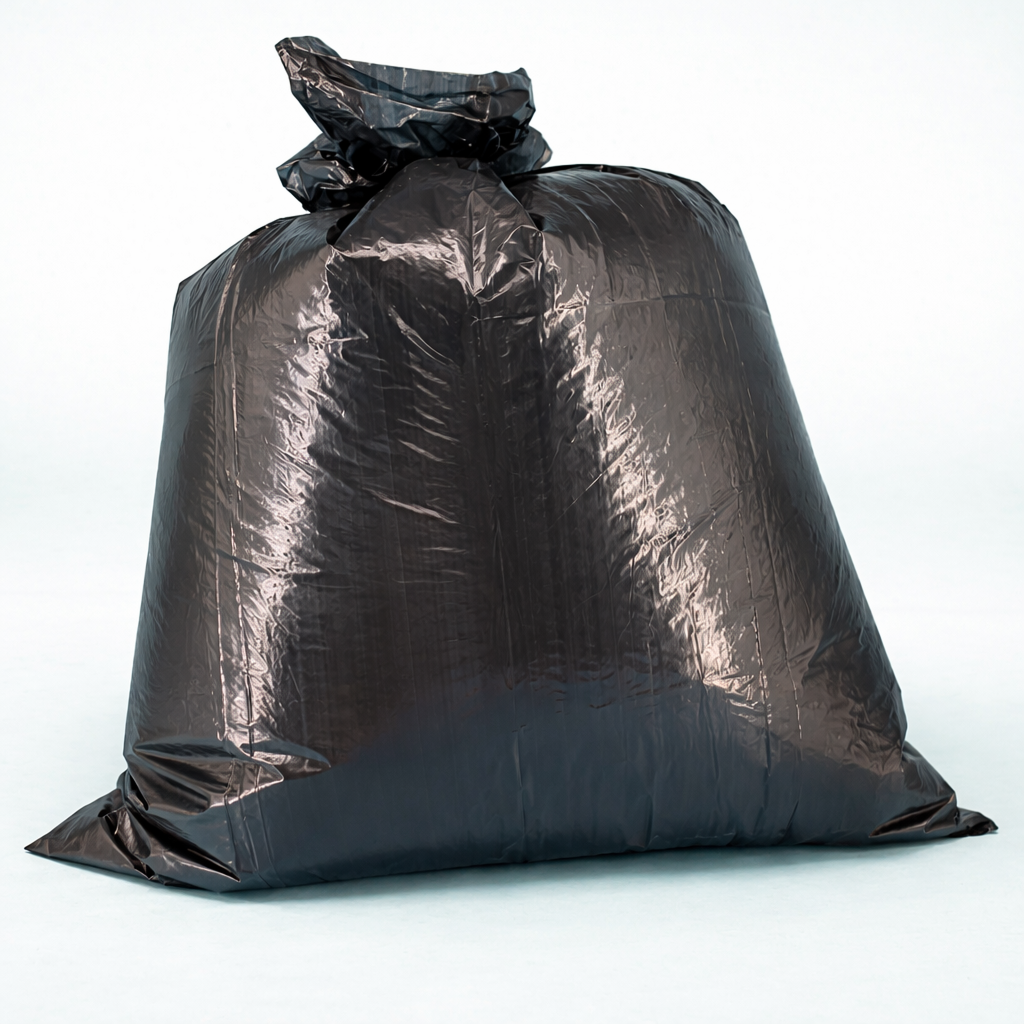 Black trash bag on a white background