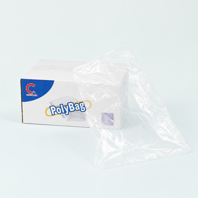 Box of Clear Poly Bags with a visible brand logo on a white background