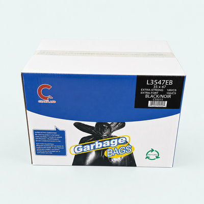 Box of garbage bags with a blue and white design on a white background