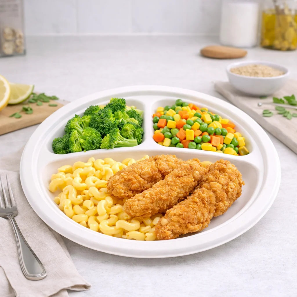 9" Round White Bagasse Plate - 3 comp (500 Pcs)