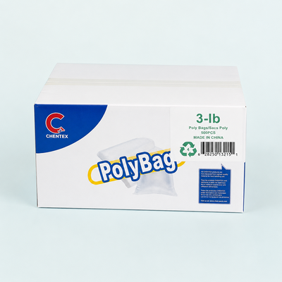 Box of Chentex poly bags on a light blue background