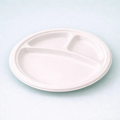 9" Round White Bagasse Plate - 3 comp (500 Pcs)