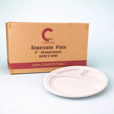 9" Round White Bagasse Plate - 3 comp (500 Pcs)
