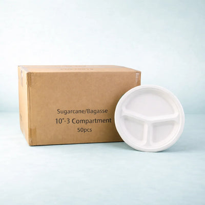 10" Round White Bagasse Plate - 3 comp (500 Pcs)