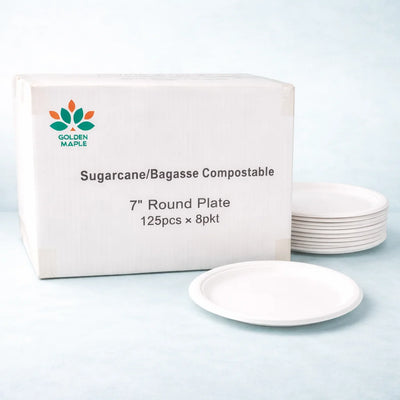 7" Round White Bagasse Plate (1000 Pcs)