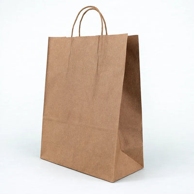 Brown kraft paper bag with handles shown from an angled view for takeaway packaging