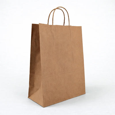 Brown kraft paper bag with handle for takeaway food packaging and restaurant supplies