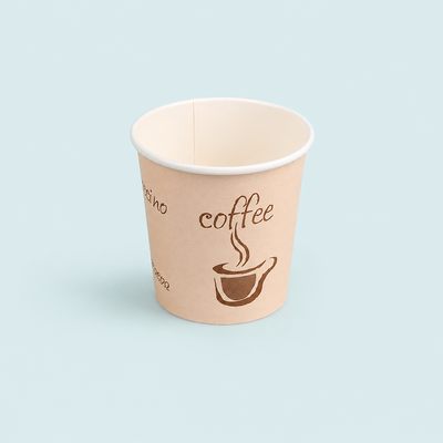 Paper cup with 'coffee' text and steam graphic on a light blue background