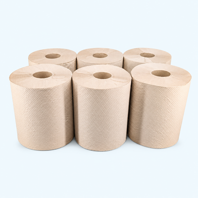 Six kraft roll towel rolls stacked for commercial paper towel and restaurant supply use