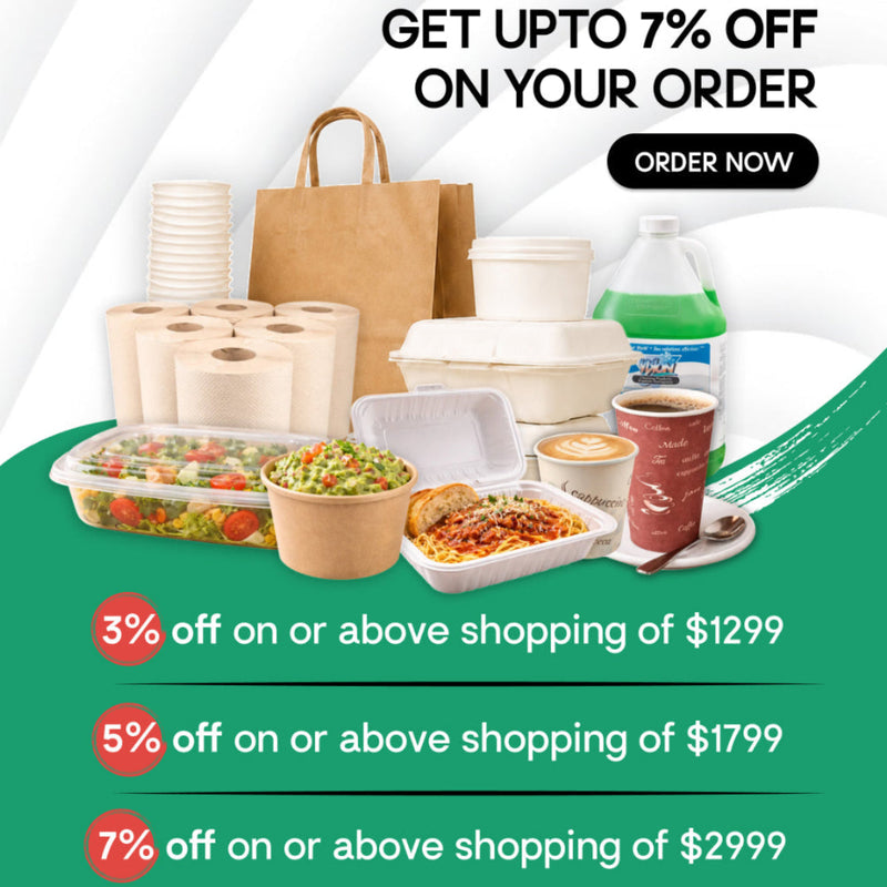 Promotional advertisement for Resto Supply Hub with food packaging and discount information.